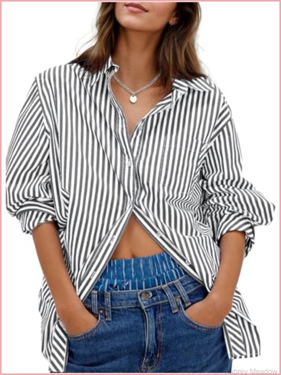 Tops - Striped Long Sleeve Button Down Shirt Blouse Casual Work Oversize